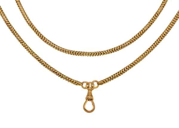 64" Victorian 15ct Gold Snake Chain with Antique Dog Clip, 42g