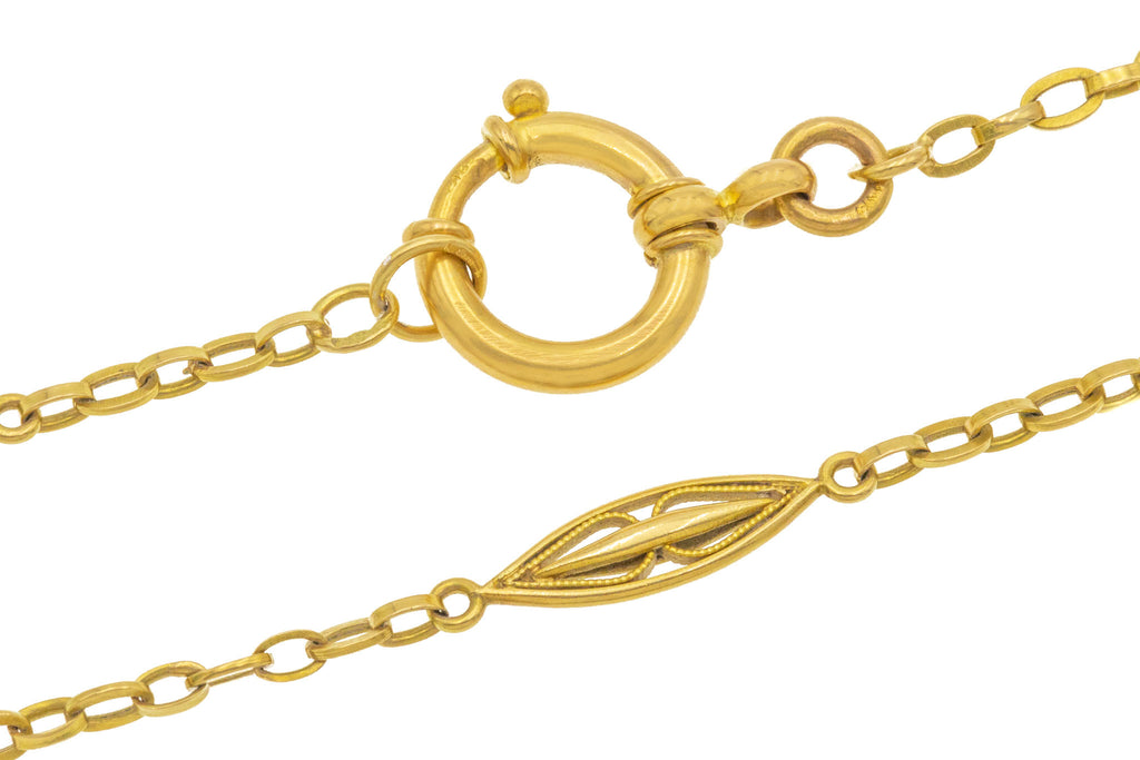 19" French 18ct Gold Filigree Chain Necklace, Large Bolt-Ring (14g)