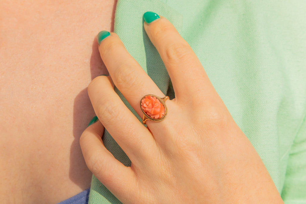 9ct Gold Coral Carved Flower Ring