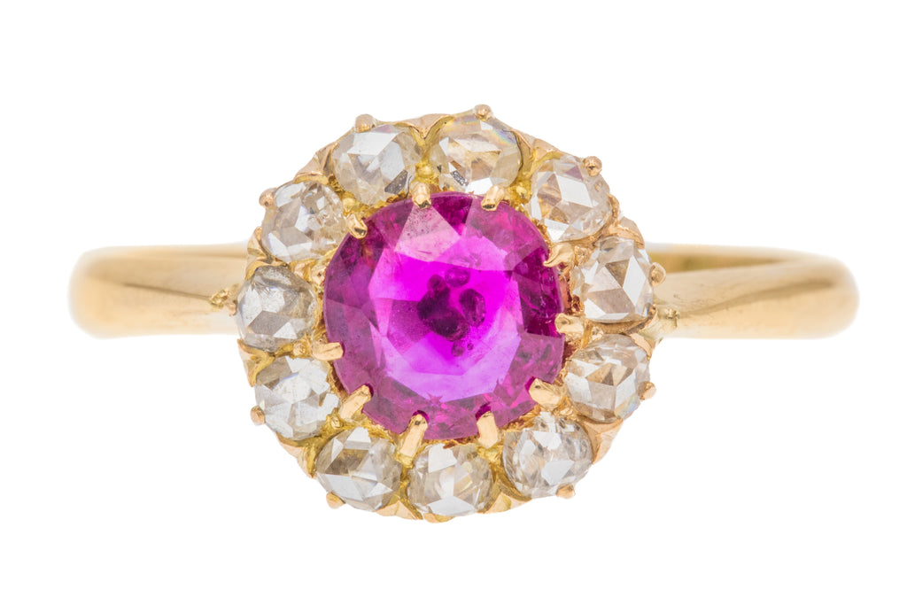 Antique 18ct Gold Natural Burmese Ruby Diamond Cluster Ring - 0.66ct Ruby