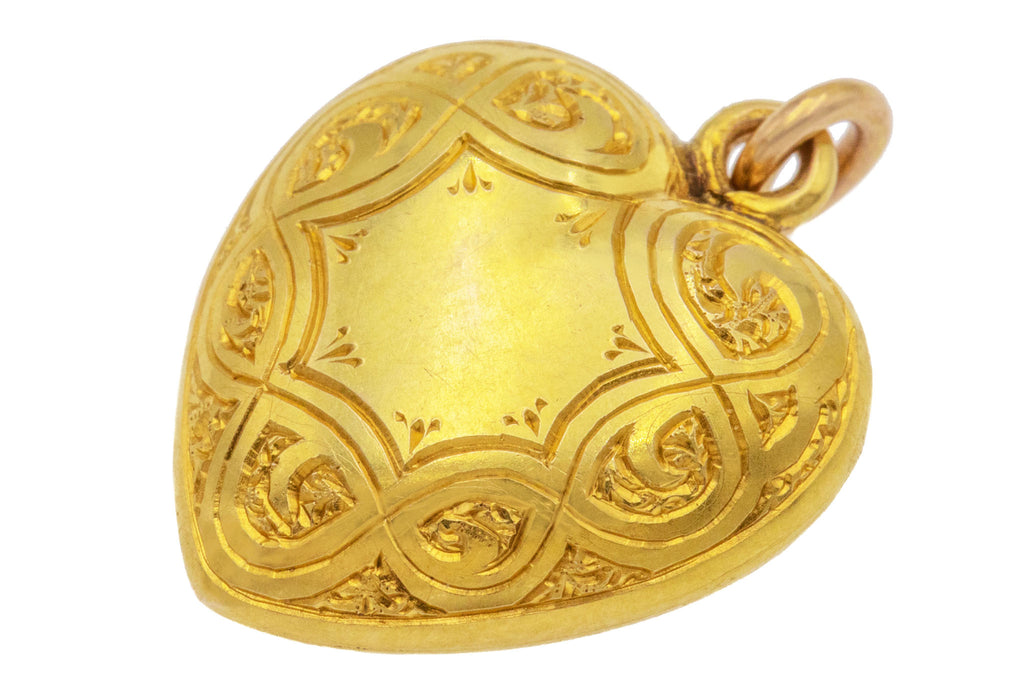 Antique 15ct Gold Engraved Heart Charm Pendant - Locket Back
