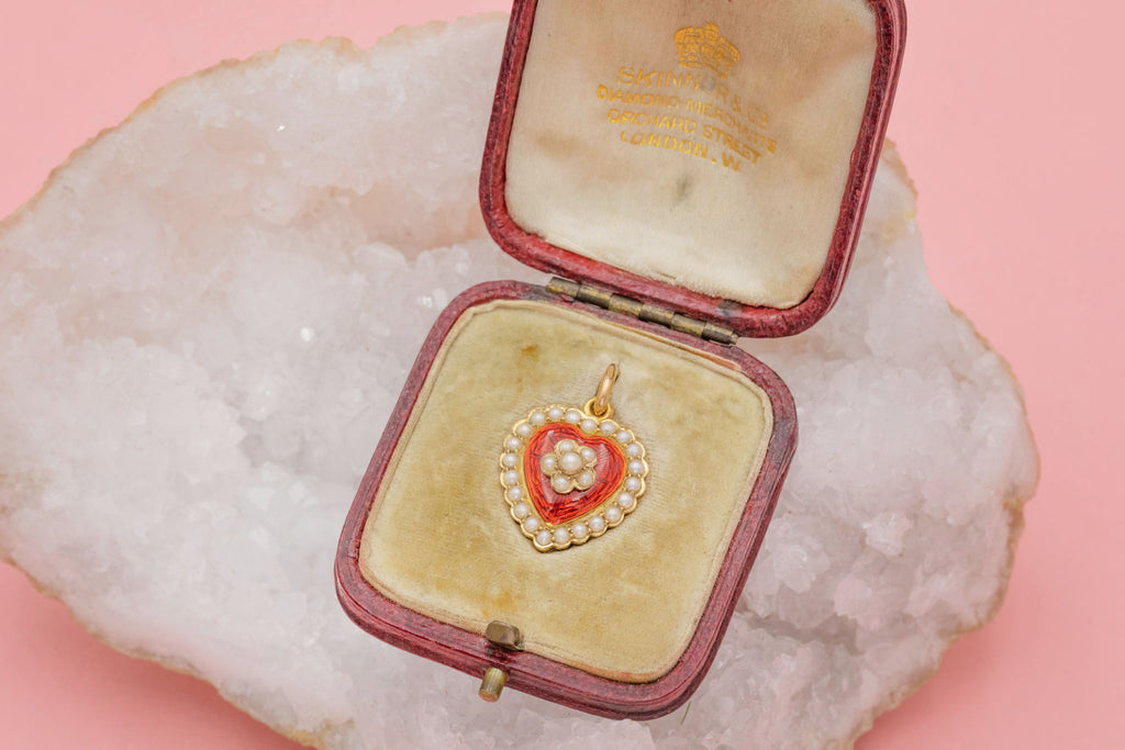Edwardian 18ct Gold Red Enamel Heart Locket, Original "Skinner & Co" Fitted Box
