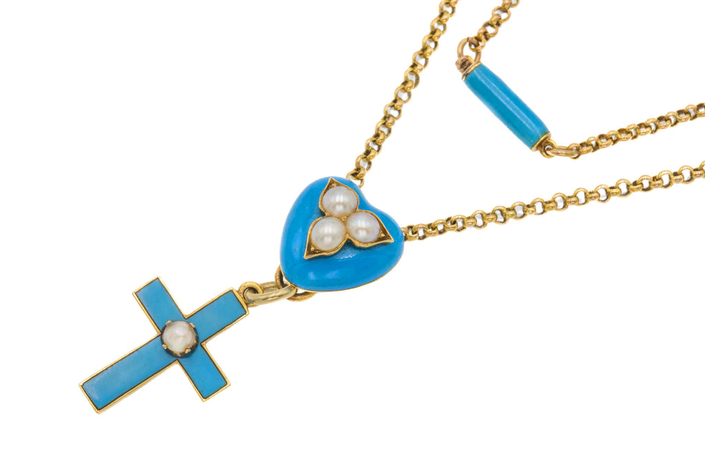 16" 18ct Gold Turquoise Enamel Pearl Heart & Cross Drop Necklace