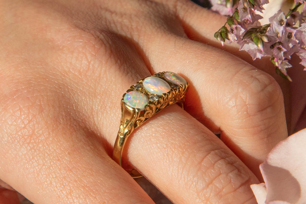 18ct Gold Opal Diamond Trilogy Ring, 0.65ct