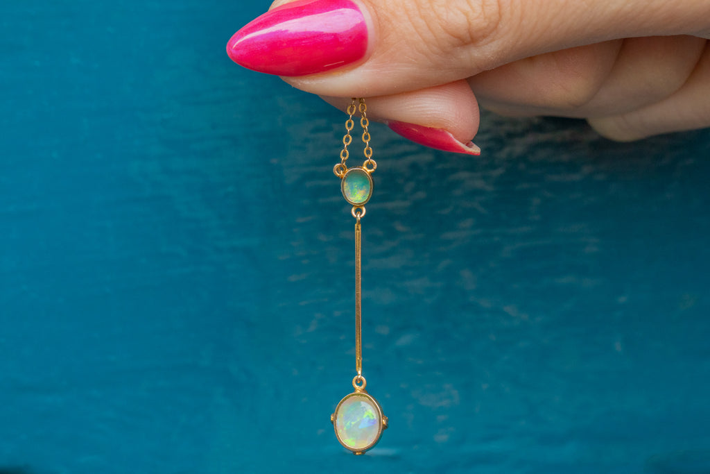 16.5" Edwardian 9ct Gold Opal Lavalier Drop Necklace, 1.90ct