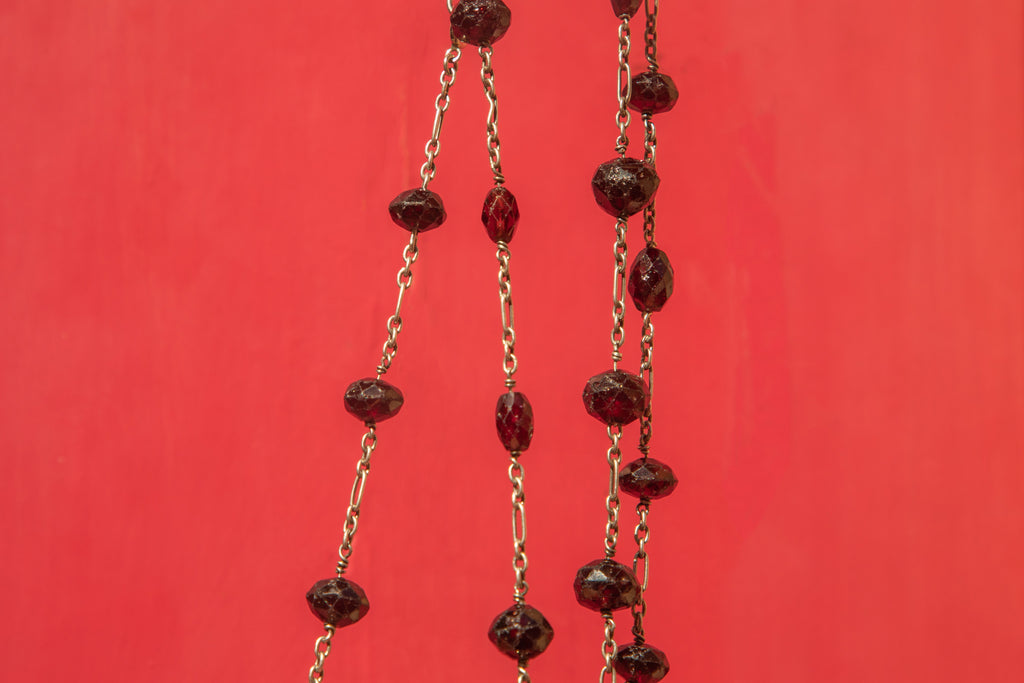 52" Victorian Faceted Garnet Bead Silver Necklace