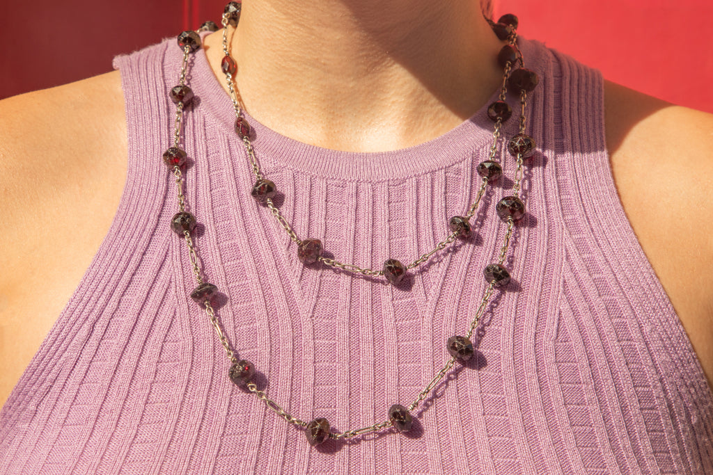 52" Victorian Faceted Garnet Bead Silver Necklace