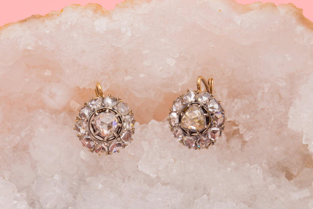 Antique 18ct Gold Rose Cut Diamond Dormeuse Earrings, 2.10ct Diamonds