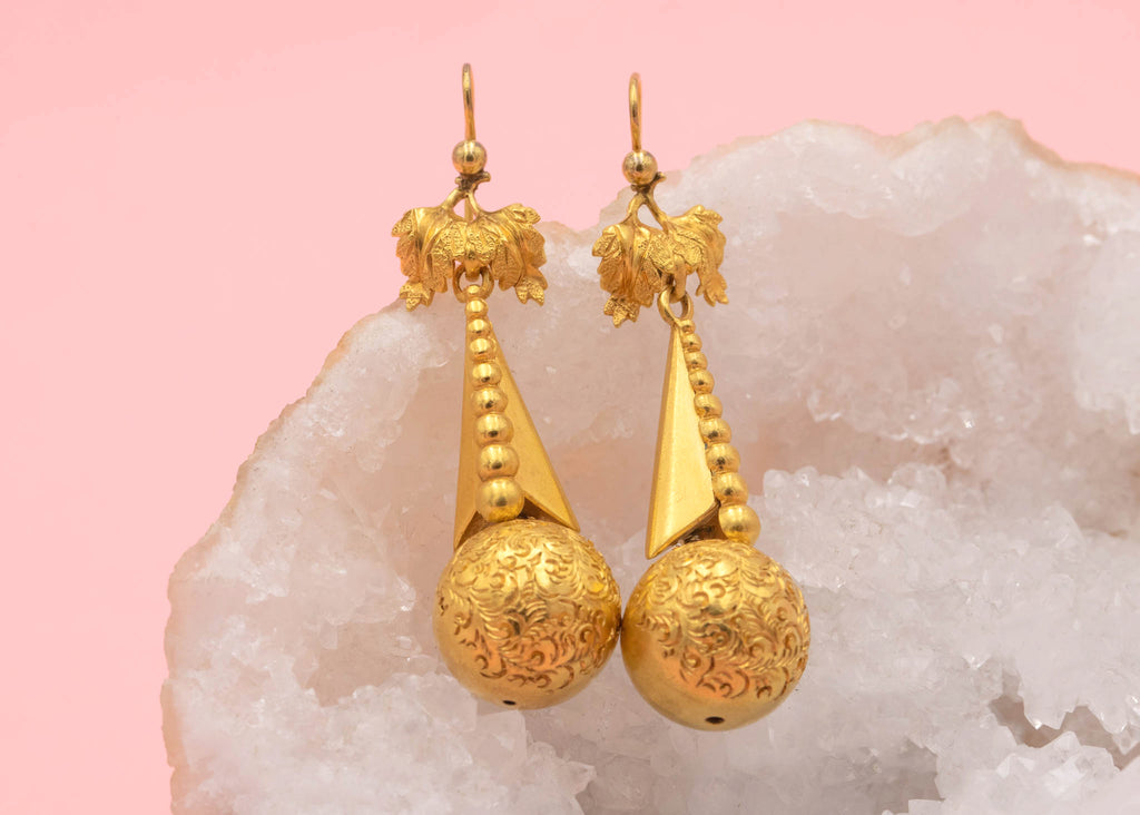Victorian Pinchbeck Drop Earrings, with 24ct Gold Hooks - Fitted Antique Box