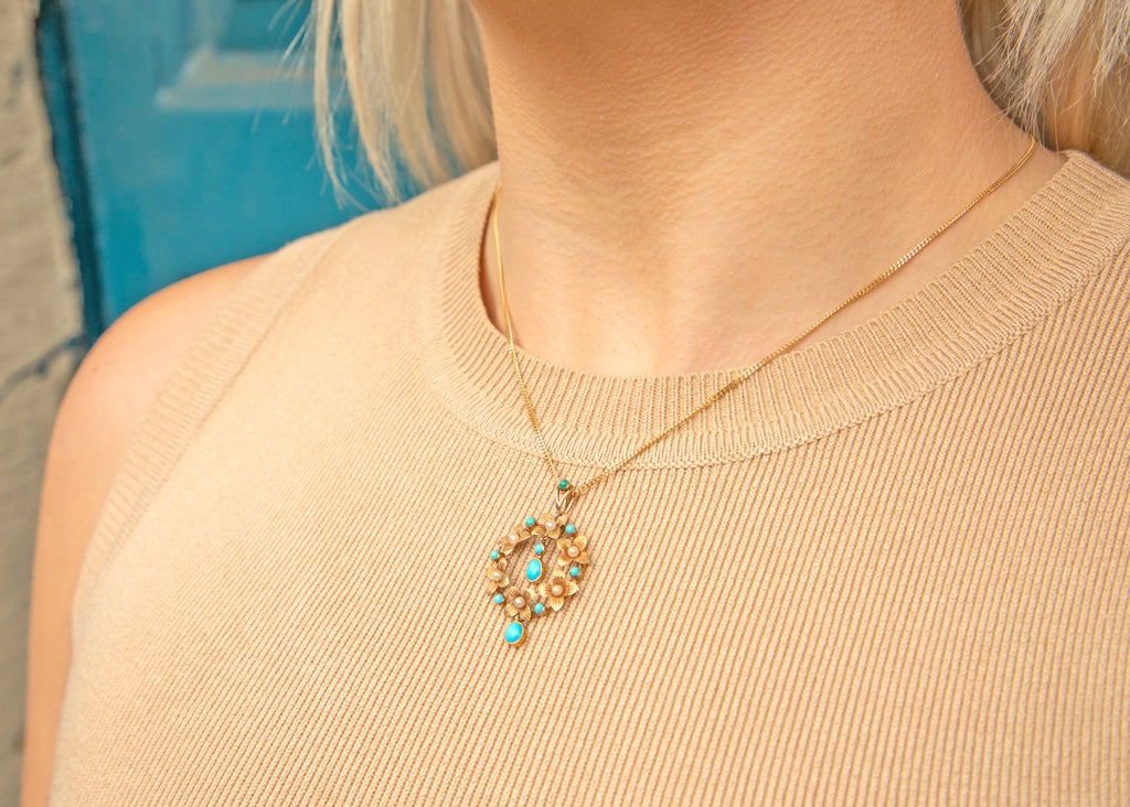 15ct Gold 'Forget-Me-Not' Turquoise & Pearl Pendant