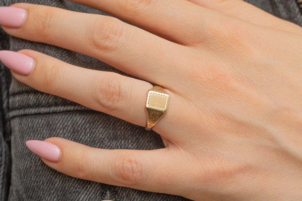 9ct Gold Square Engraved Signet Ring
