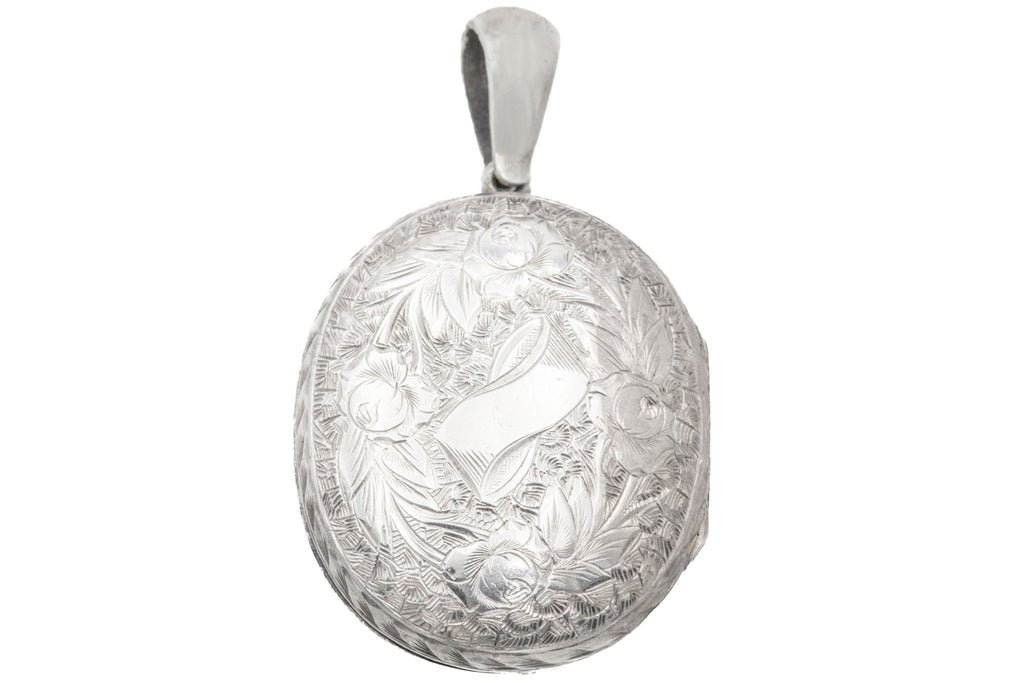 Antique Sterling Silver Floral Engraved Locket, 12.5g