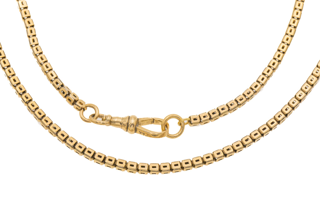 17" Victorian 9ct Gold Pierced Box Link Chain, Antique Dog Clip, 13.4g