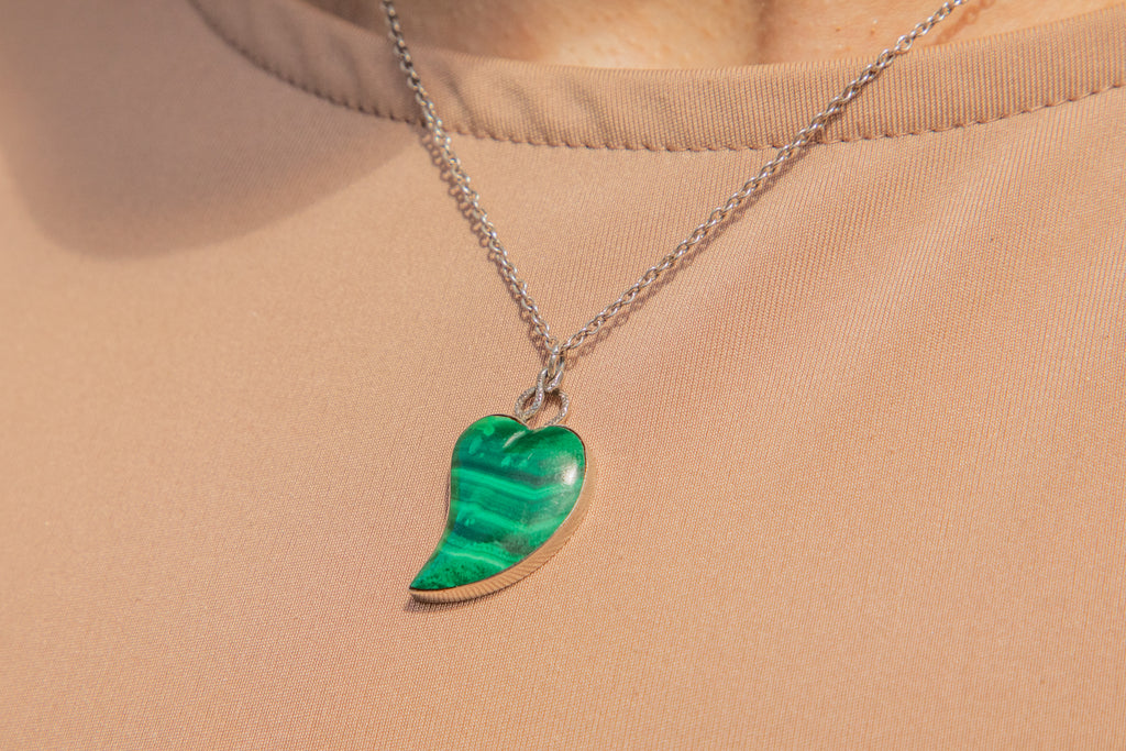 Victorian Silver Malachite "Witch's Heart" Ivy Leaf Pendant