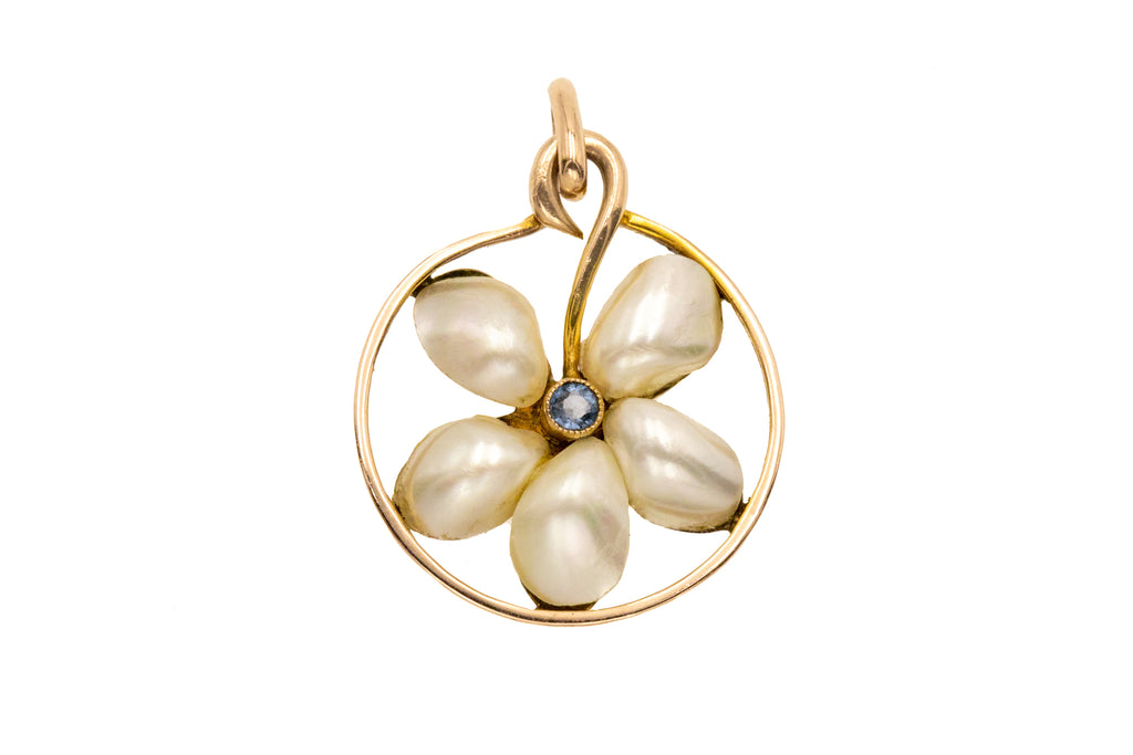 Arts & Crafts Era 9ct Gold Pearl Sapphire Flower Pendant