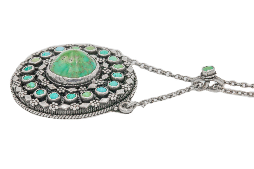 Silver Arts & Crafts Era Turquoise Cabochon Necklace, 16.5" Chain
