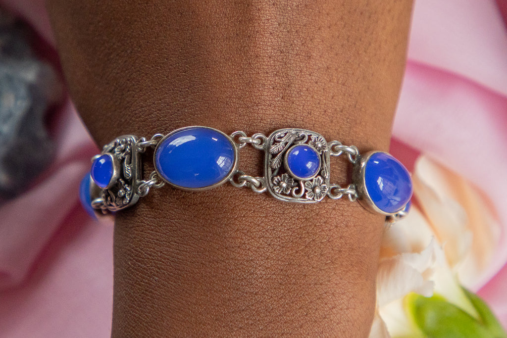 7.5" Sterling Silver Blue Chalcedony Bracelet, with Floral Detail