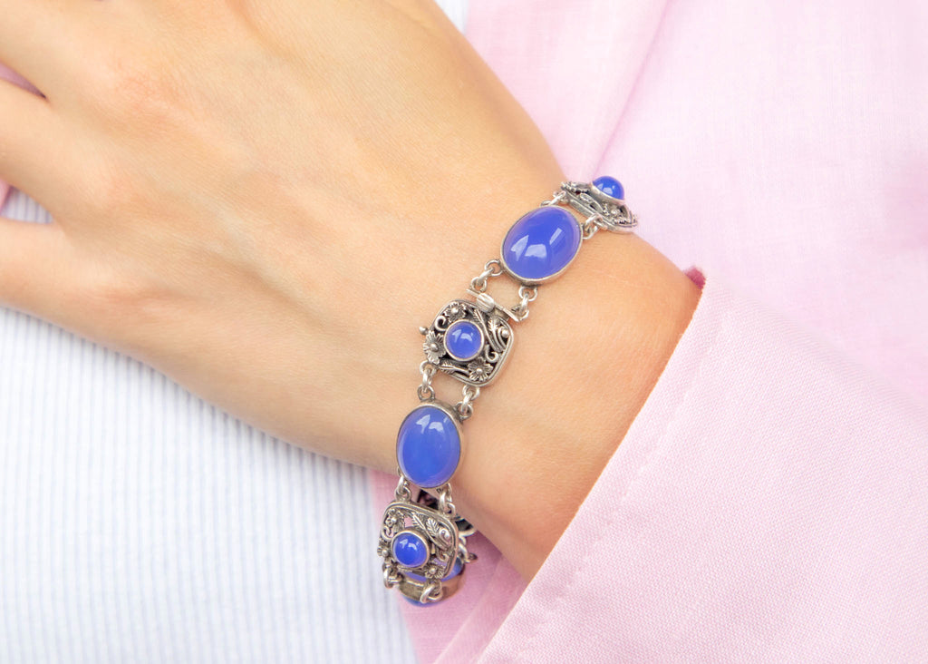 7.5" Sterling Silver Blue Chalcedony Bracelet, with Floral Detail