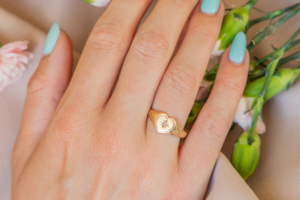 9ct Gold Diamond Heart Signet Ring