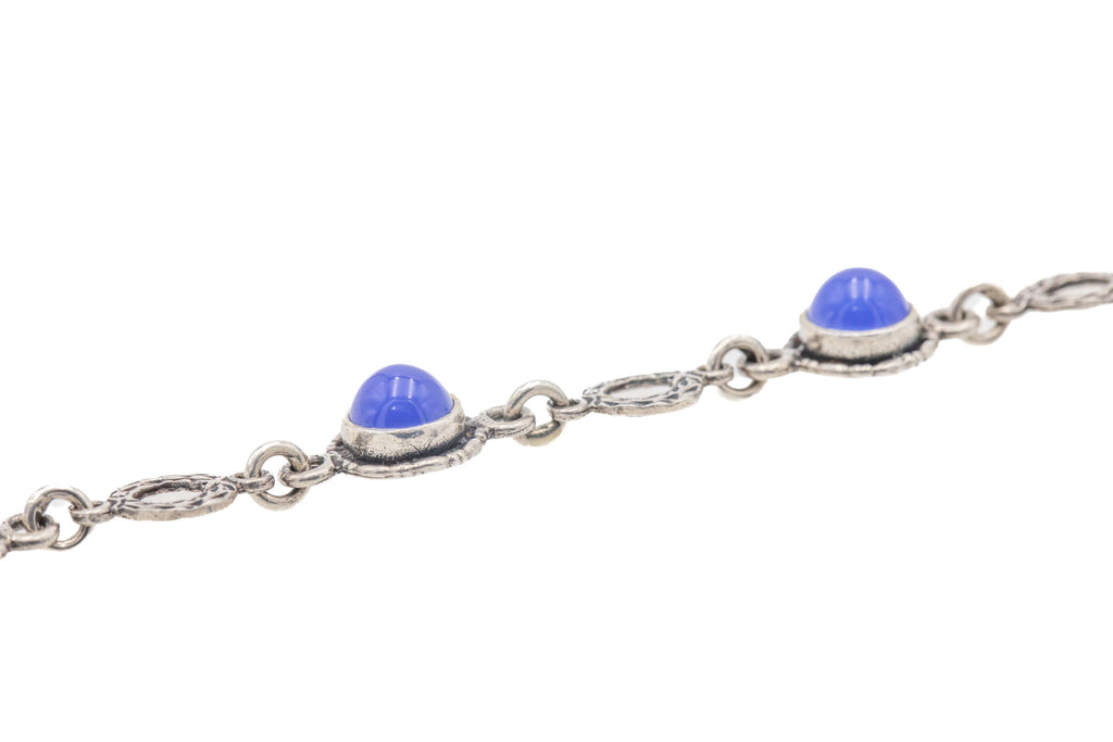 Art Deco Silver Blue Chalcedony Cabochon Bracelet, 7"