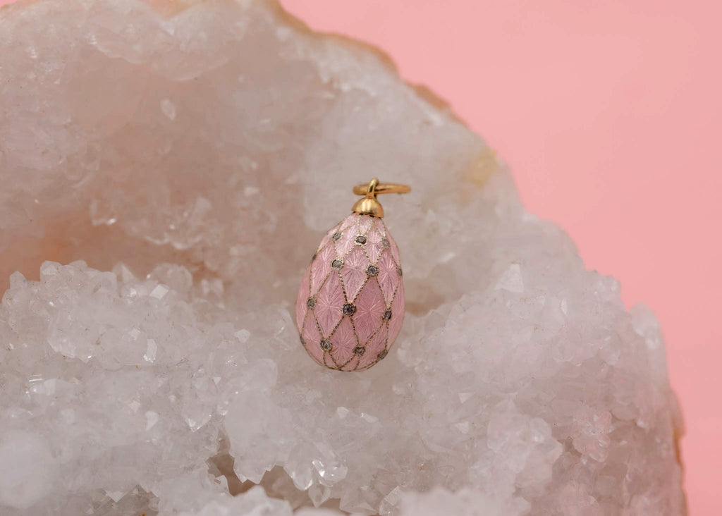Antique Russian Pink Enamel Diamond Egg Charm