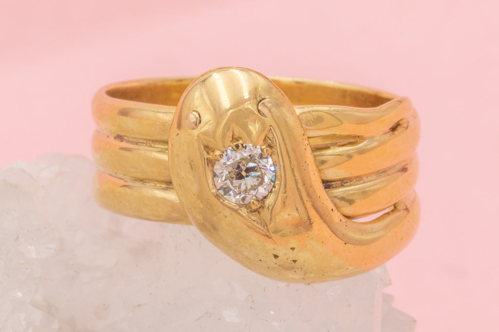 Antique 18ct Gold Diamond Snake Ring, 0.22ct