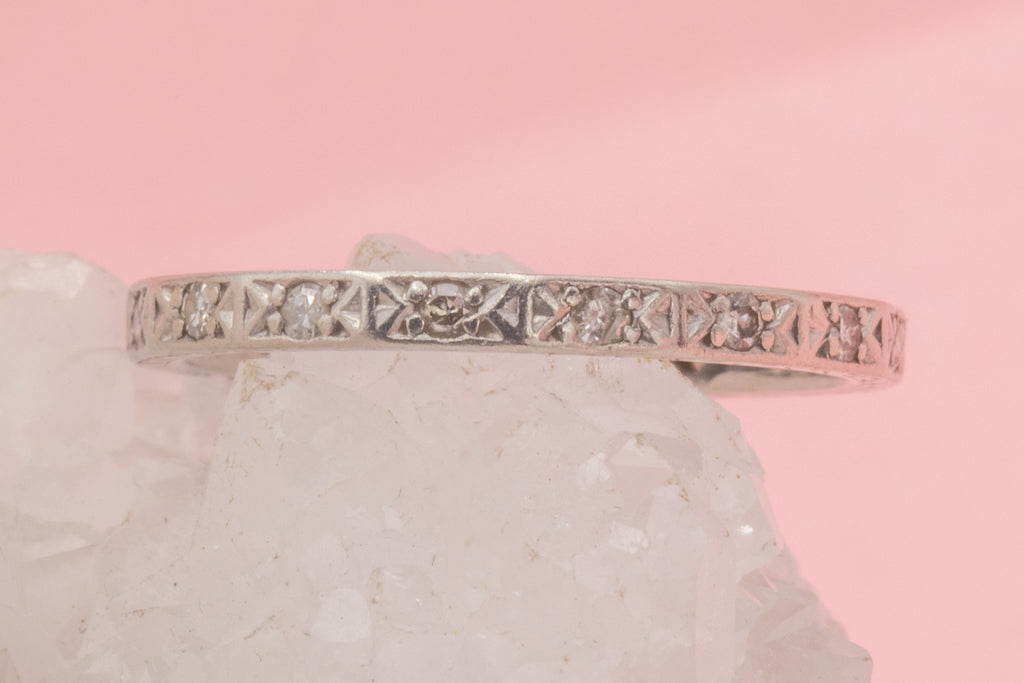 Art Deco Engraved Platinum Diamond Eternity Ring, UK Size M