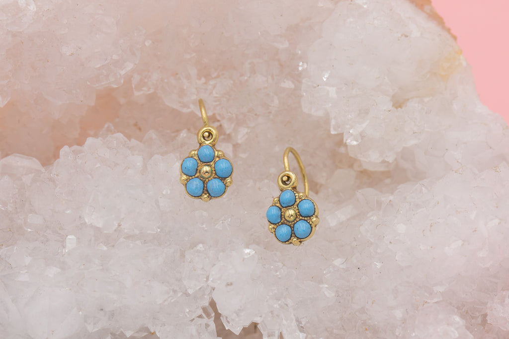 Antique Gold Turquoise Glass Forget-Me-Not Flower Earrings