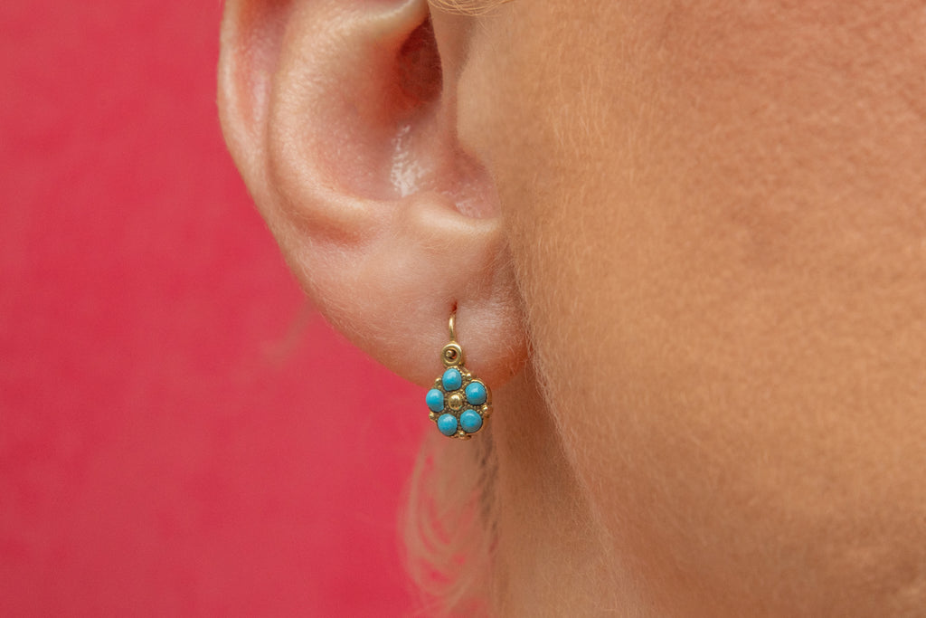 Antique Gold Turquoise Glass Forget-Me-Not Flower Earrings