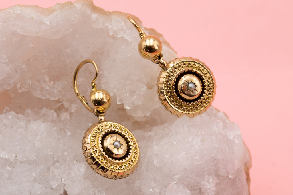 Etruscan Revival 9ct Gold Pearl Drop Earrings