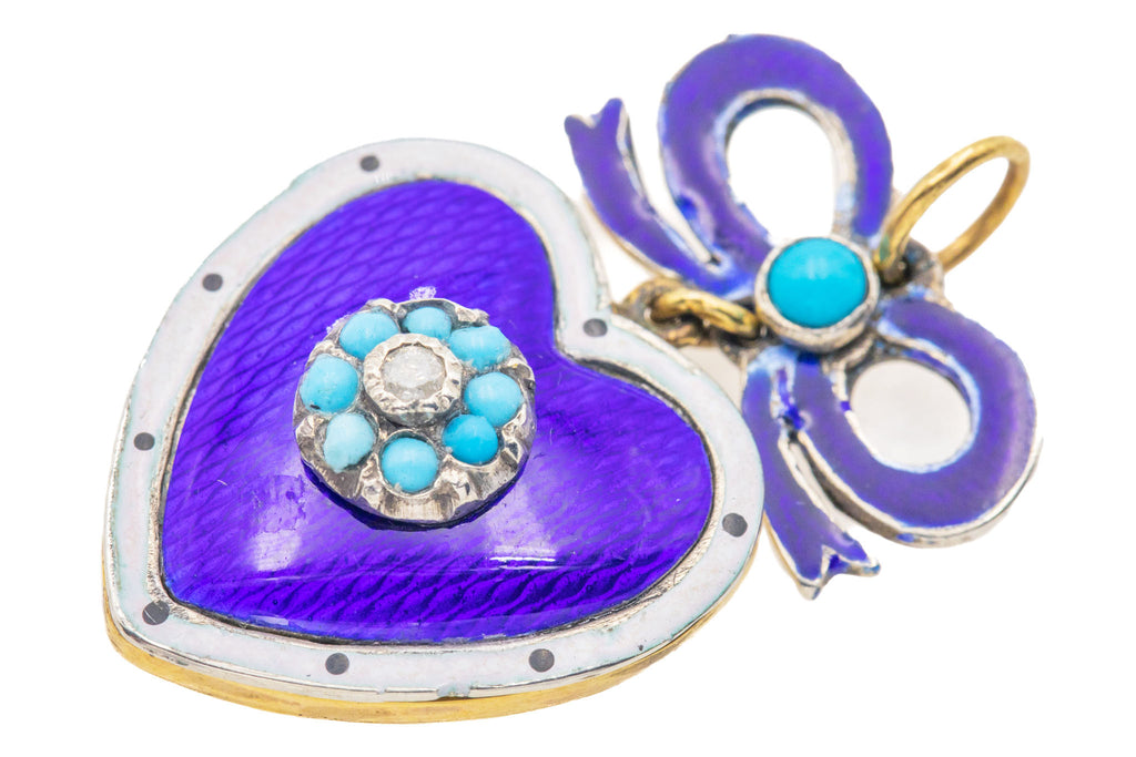 Edwardian 9ct Gold Blue Enamel Turquoise Diamond Heart Pendant