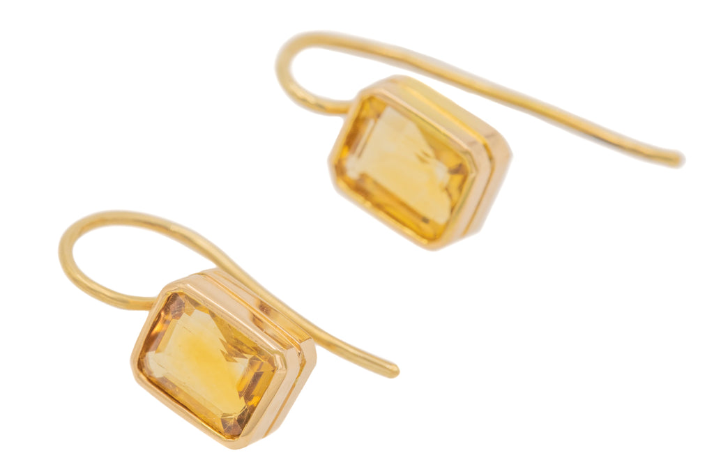Antique 15ct Gold Emerald-Cut Citrine Earrings, 2.00ct - 18ct Gold Hooks