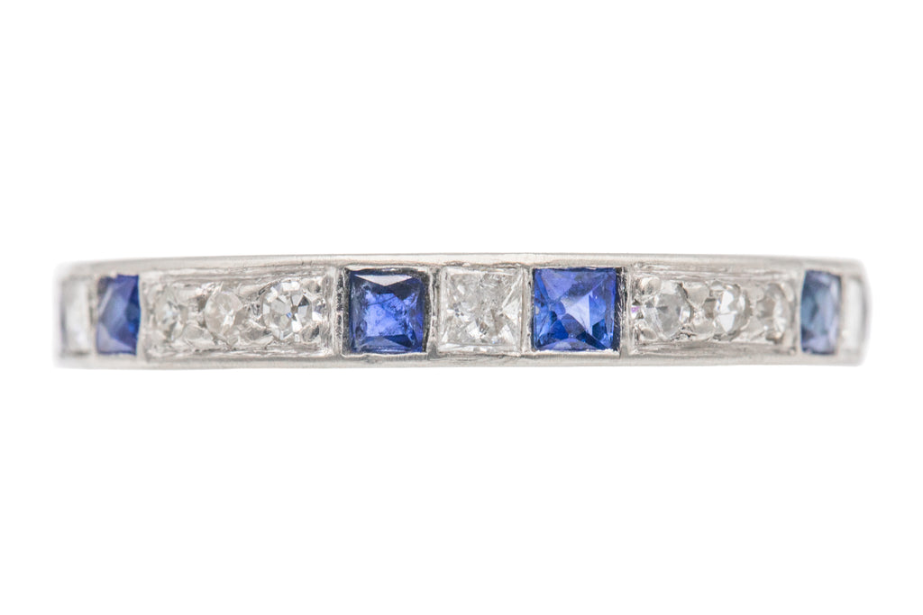 Art Deco French Cut Sapphire & Diamond Platinum Eternity Ring, 0.30ct Diamond
