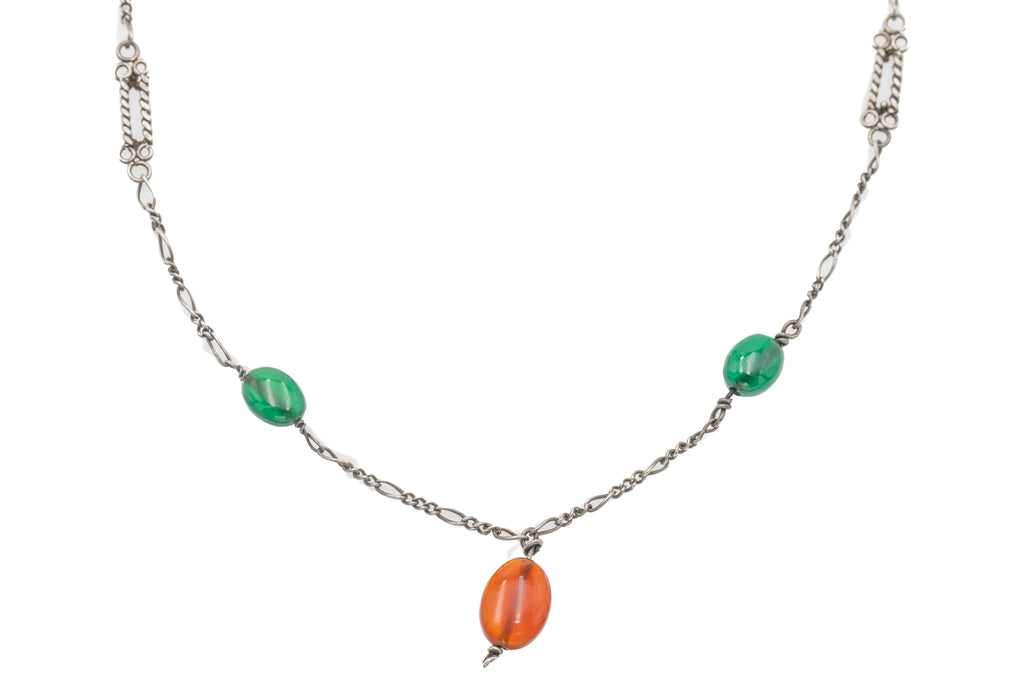 35" Arts & Crafts Silver Carnelian & Green Agate Necklace