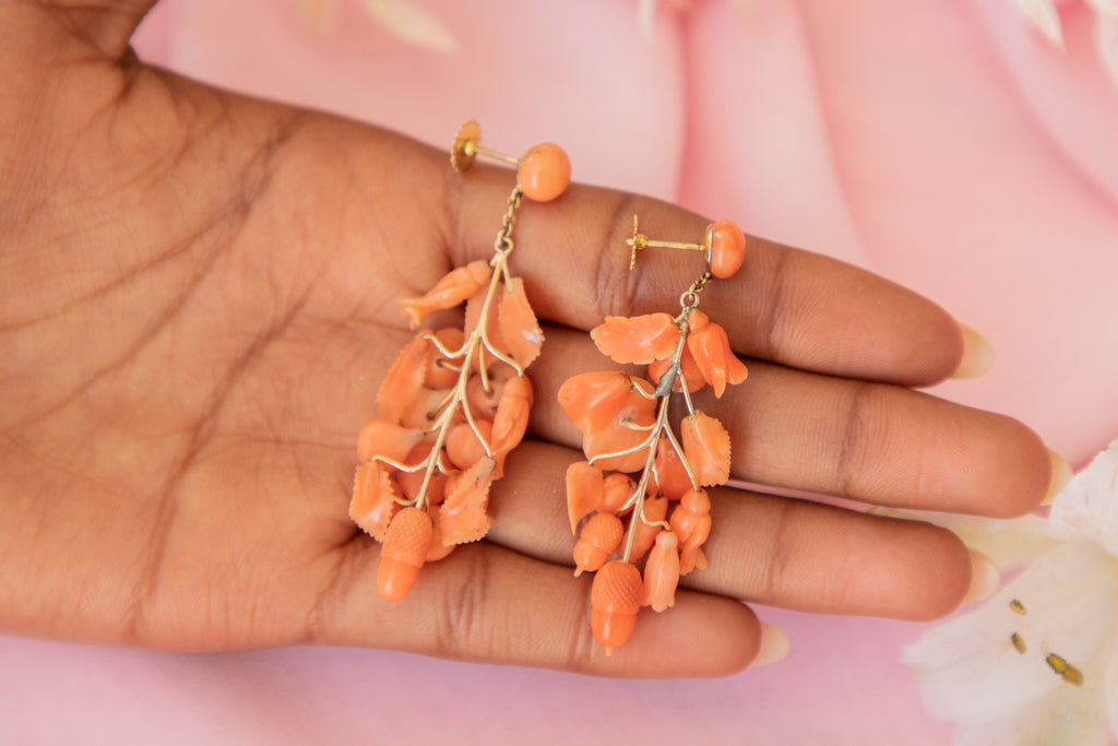 Victorian 9ct Gold Carved Coral Drop Earrings