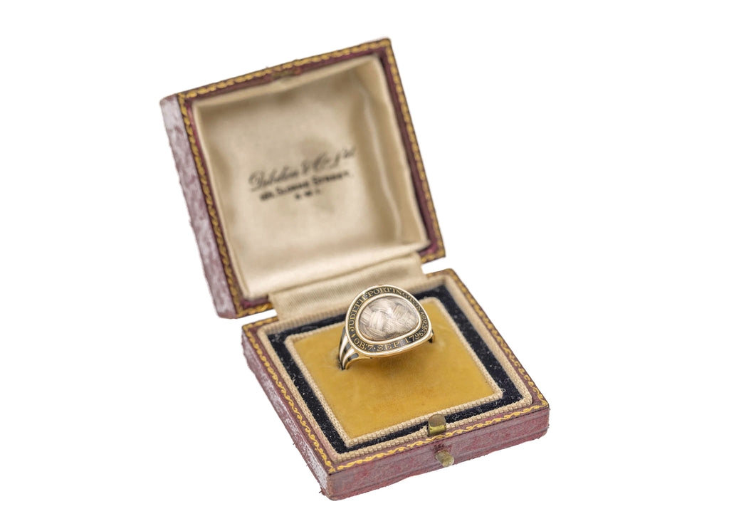 Georgian 9ct Gold Enamel Mourning Ring with Box, 1796