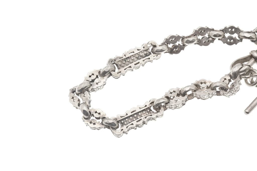 Antique Silver Fancy Albert Chain T-Bar Bracelet, 8" (17g)