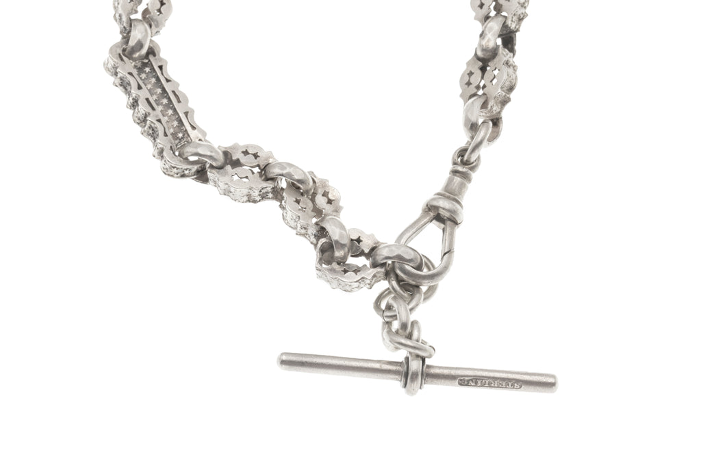 Antique Silver Fancy Albert Chain T-Bar Bracelet, 8" (17g)