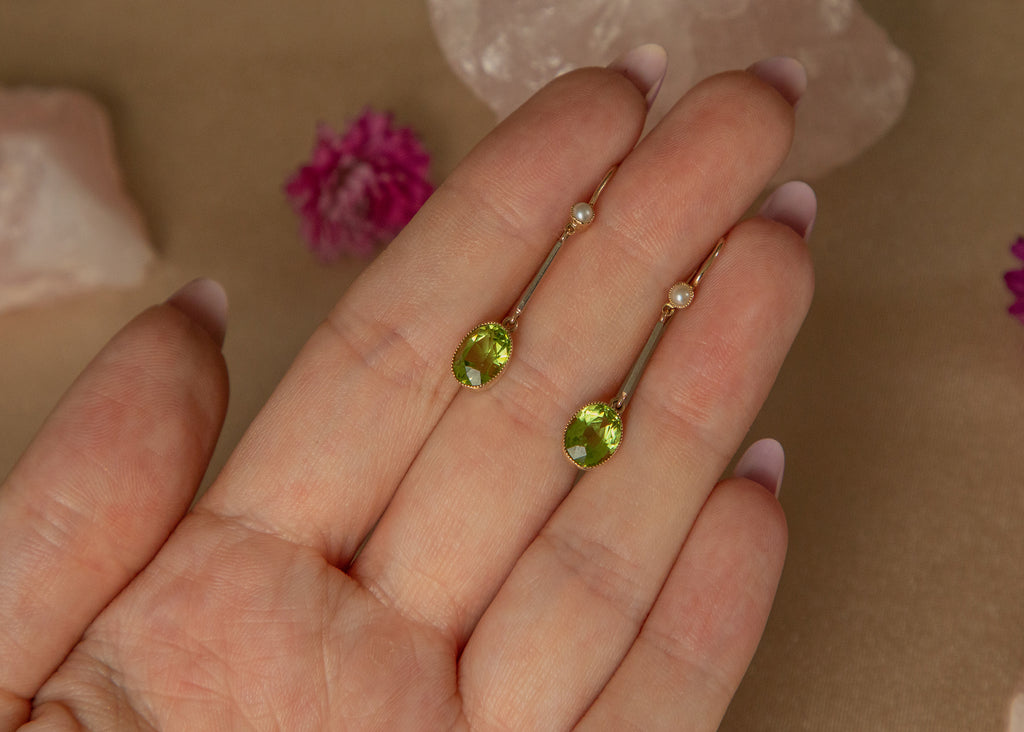 Edwardian 9ct Gold Peridot Pearl Drop Earrings