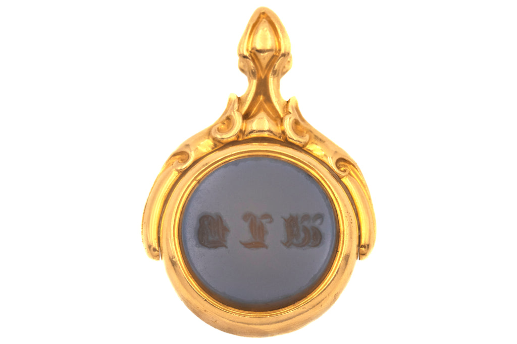 Antique 18ct Gold Bloodstone & Chalcedony Spinner Fob, Stag Intaglio