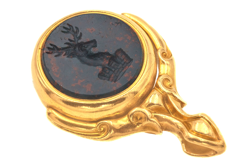 Antique 18ct Gold Bloodstone & Chalcedony Spinner Fob, Stag Intaglio