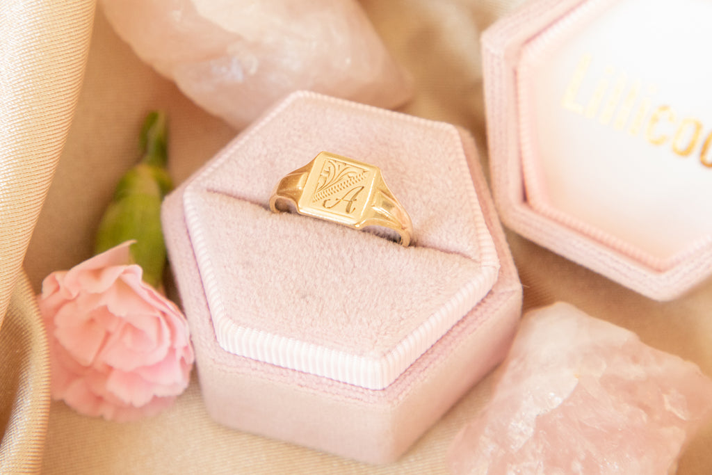 Dainty 9ct Gold Engraved Square Signet Ring - "A"