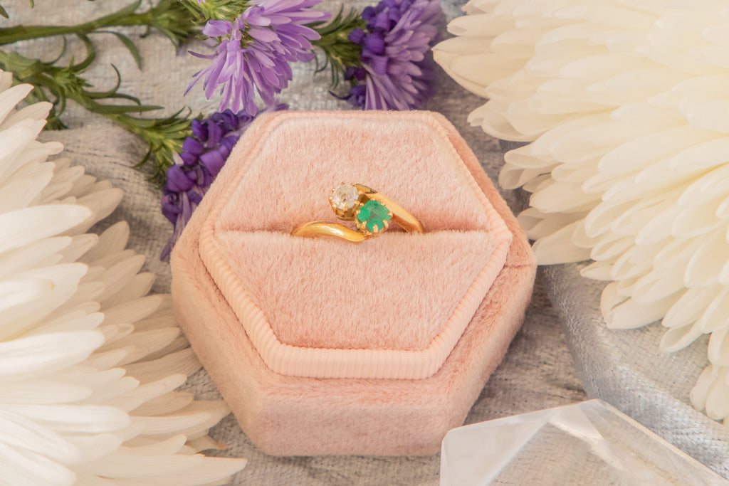 Edwardian 18ct Gold Emerald Old-Cut Diamond 'Toi Et Moi' Ring