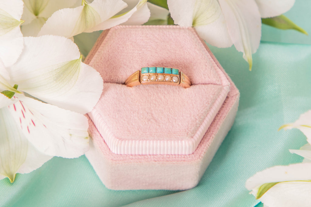 Antique French 18ct Gold Turquoise Pearl Ring