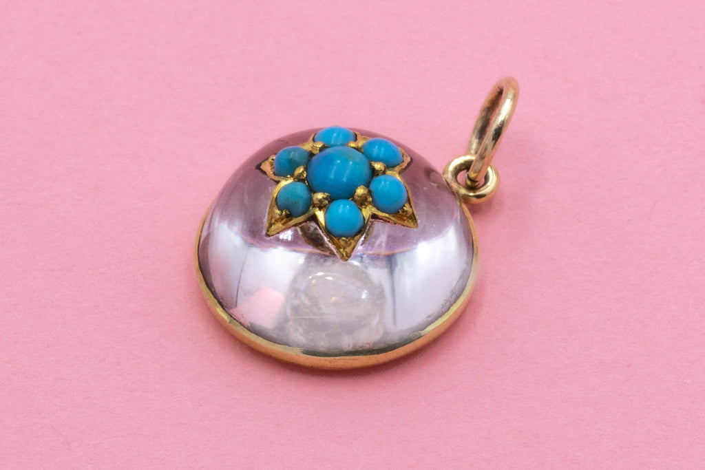 Antique 14ct Gold Rock Crystal & Turquoise "Flower" Pendant