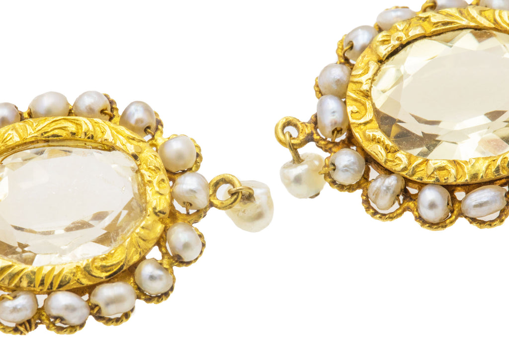 Georgian 18ct Gold Embossed Citrine & Pearl Drop Earrings, 6.70ct