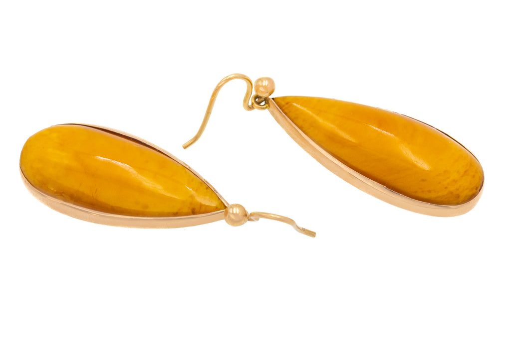 Art Deco 9ct Gold Butterscotch Amber Teardrop Earrings