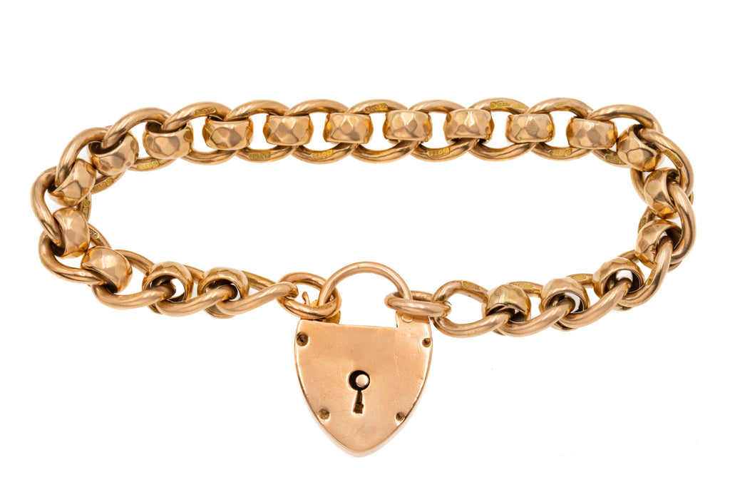7" Antique 9ct Gold Roller-Ball Chain Bracelet with Heart Padlock, 29.5g