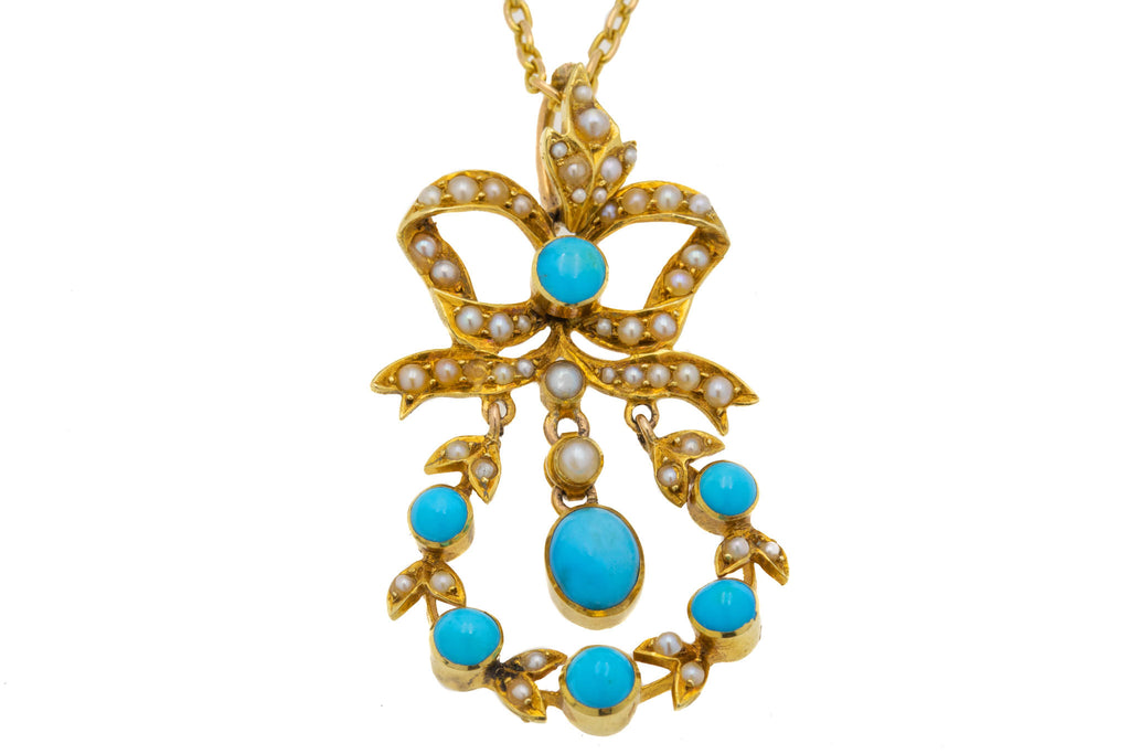 Edwaridan 15ct Gold Turquoise Pearl Bow Pendant, with 17" Chain