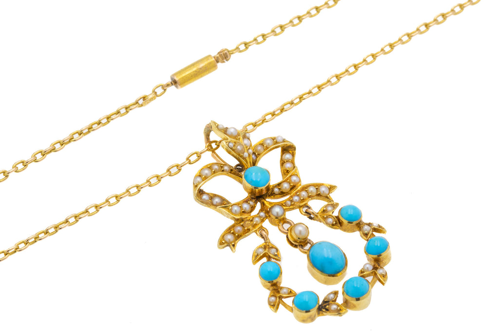 Edwaridan 15ct Gold Turquoise Pearl Bow Pendant, with 17" Chain